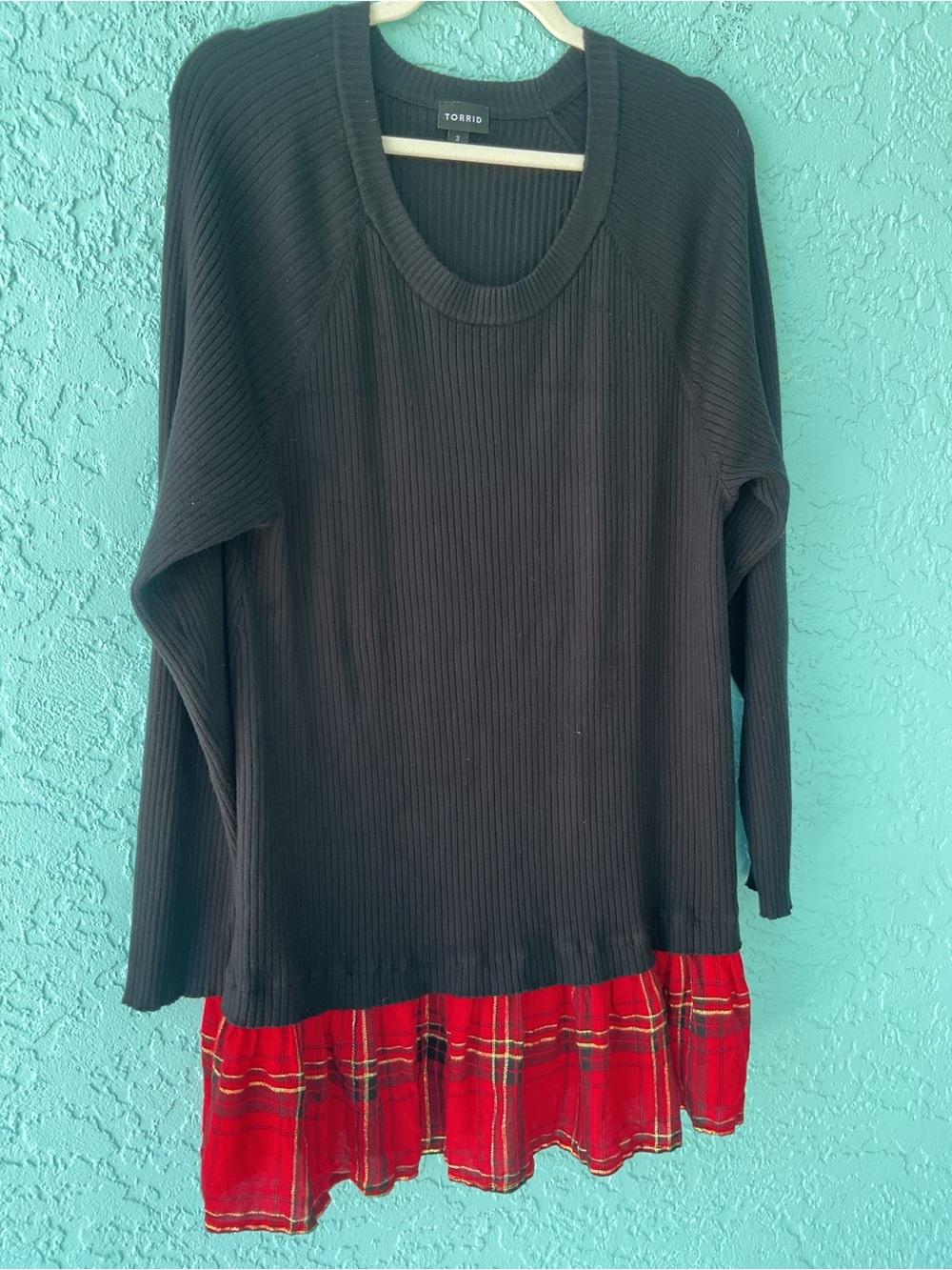 Torrid Size 3(22/24) Black Rib Knit Tunic Sweater Red Plaid Flannel Ruffle Hem